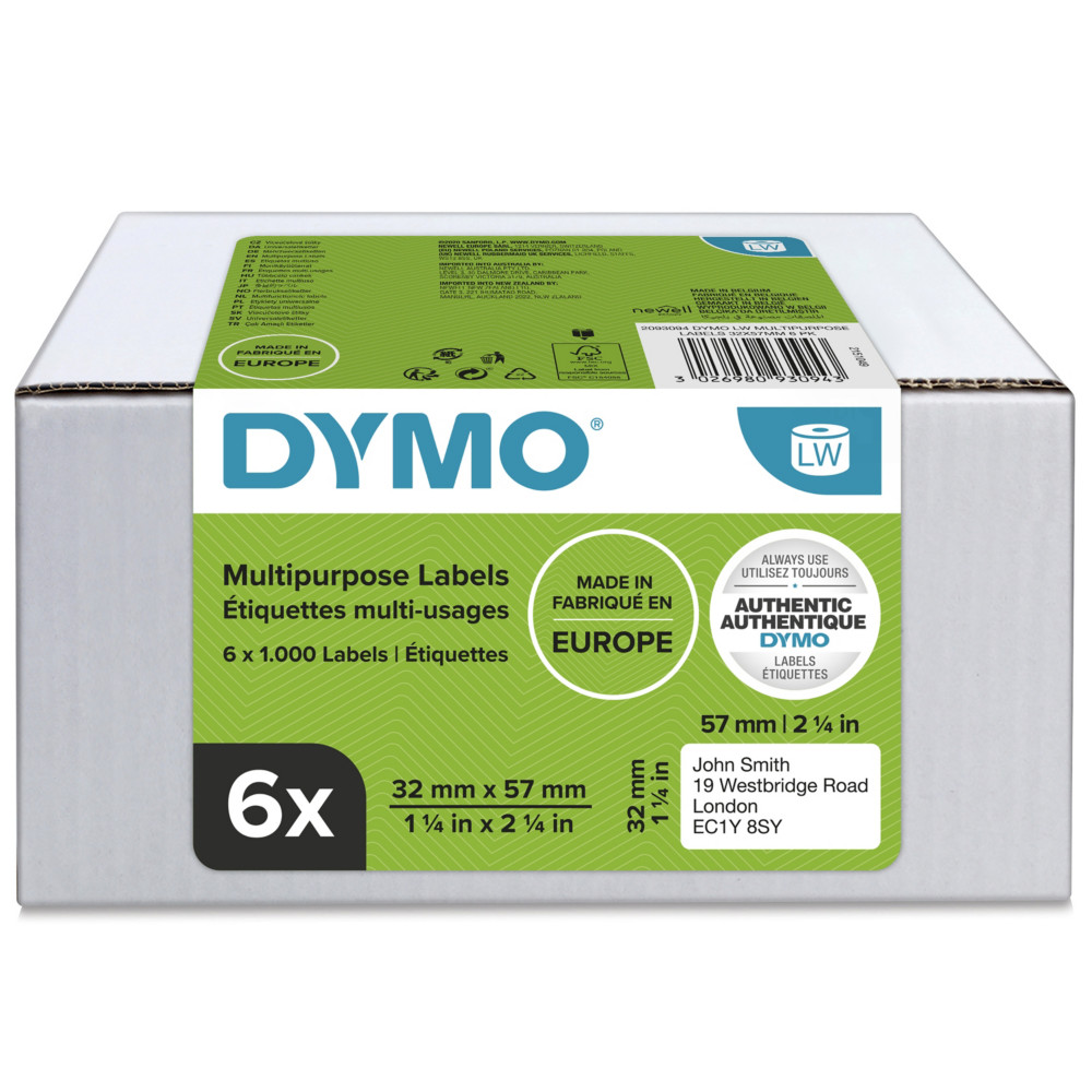 Dymo 2093094 Étiquettes LW polyvalentes authentiques, 32 mm x 57 mm, facilement détachables, auto-adhésives, pour étiqueteuses LabelWriter