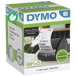 Dymo 2166659 Étiquettes LabelWriter 4XL / 5XL extra larges blanches autocollantes prédécoupées 102 x 210 mm pour colis DHL - Rouleau de 140 étiquettes Dymo 2166659 Étiquettes LabelWriter 4XL / 5XL extra larges blanches autocollantes prédécoupées 102 x 210 mm pour colis DHL - Rouleau de 140 étiquettes