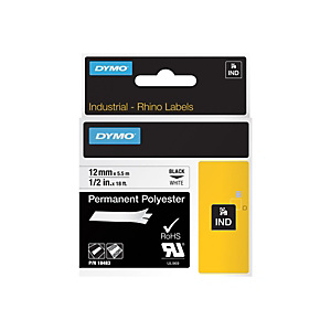 DYMO Nastro adesivo industriale per etichettatrici Rhino, Poliestere permanente, 12 mm x 5,5 m, Nero su Bianco DYMO Nastro adesivo industriale per etichettatrici Rhino, Poliestere permanente, 12 mm x 5,5 m, Nero su Bianco