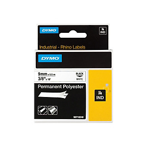 DYMO Nastro adesivo industriale per etichettatrici Rhino, Poliestere permanente, 9 mm x 5,5 m, Nero su Bianco DYMO Nastro adesivo industriale per etichettatrici Rhino, Poliestere permanente, 9 mm x 5,5 m, Nero su Bianco