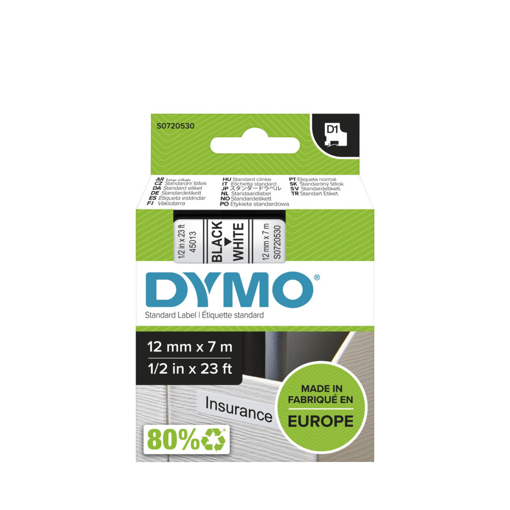 Dymo Ruban D1 S0720530 pour étiqueteuse - 12 mm x 7 m - Noir sur Blanc