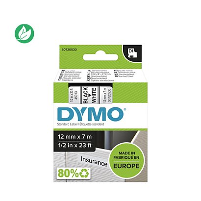 Dymo Ruban D1 S0720530 pour étiqueteuse - 12 mm x 7 m - Noir sur Blanc - 1