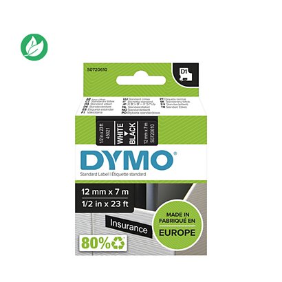 Dymo Ruban D1 S0720610 pour étiqueteuse - 12 mm x 7 m - Blanc sur Noir - 1