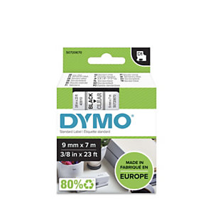 Dymo Ruban D1 S0720670 pour étiqueteuse - 9 mm x 7 m - Noir sur Transparent