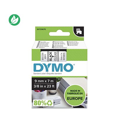 Dymo Ruban D1 S0720670 pour étiqueteuse - 9 mm x 7 m - Noir sur Transparent - 1