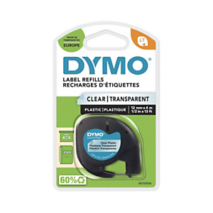 Dymo Ruban LT S0721530 plastique pour étiqueteuse LetraTag - 12 mm x 4 m - Noir sur Transparent