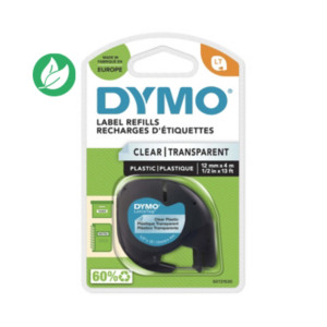 Dymo Ruban LT S0721530 plastique pour étiqueteuse LetraTag - 12 mm x 4 m - Noir sur Transparent