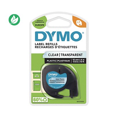 Dymo Ruban LT S0721530 plastique pour étiqueteuse LetraTag - 12 mm x 4 m - Noir sur Transparent - 1
