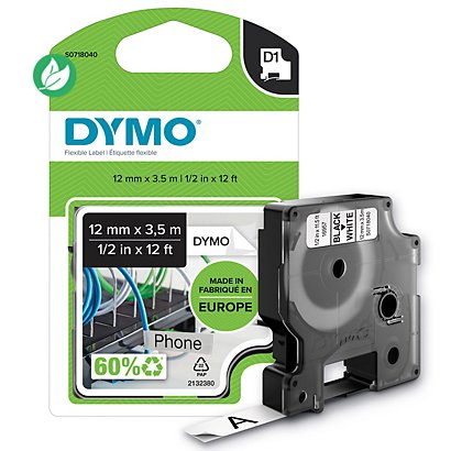 Dymo Ruban nylon D1 S0718040 pour étiqueteuse - 12 mm x 3,5 m - Noir sur Blanc - 1