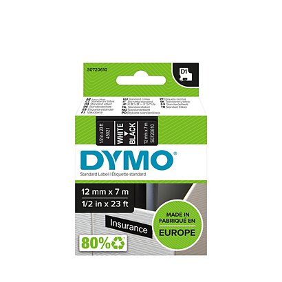 DYMO S0720610 Nastro Standard D1, 12 mm x 7 m, Bianco su Nero - 1