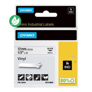 Dymo Étiquettes autocollantes en vinyle Rhino S0718600 - 12 mm x 5,5 m - Noir sur Blanc Dymo Étiquettes autocollantes en vinyle Rhino S0718600 - 12 mm x 5,5 m - Noir sur Blanc