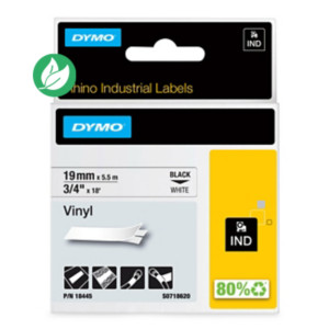 Dymo Étiquettes autocollantes en vinyle Rhino S0718620 - 9 mm x L. 5,5 m - Noir sur Blanc Dymo Étiquettes autocollantes en vinyle Rhino S0718620 - 9 mm x L. 5,5 m - Noir sur Blanc