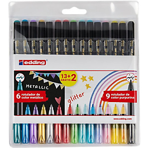 edding 1200 Pack Ahorro 13 + 2 GRATIS Rotulador de punta de fibra, punta redonda de 3 mm, cuerpo negro, 6 colores Metallic y 9 colores Glitter, colores surtidos edding 1200 Pack Ahorro 13 + 2 GRATIS Rotulador de punta de fibra, punta redonda de 3 mm, cuerpo negro, 6 colores Metallic y 9 colores Glitter, colores surtidos