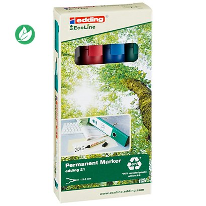 edding 21 EcoLine Marqueur permanent - 90% de plastique recyclé - pointe ogive 1,5 - 3 mm - Pochette 4 couleurs assorties - 1