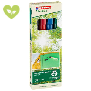 edding 25 EcoLine Marcatore permanente, Punta tonda, Spessore tratto 1 mm, Confezione di 4 colori assortiti Nero, Rosso. Azzurro, Verde