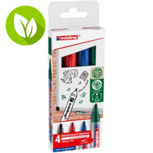 edding 250 Rotulador de pizarra blanca, tinta no permanente, punta mediana ojival, trazo de 1,5 a 3 mm, colores variados Pack de 4 edding 250 Rotulador de pizarra blanca, tinta no permanente, punta mediana ojival, trazo de 1,5 a 3 mm, colores variados Pack de 4