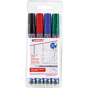 edding 250 Rotulador de pizarra blanca, tinta no permanente, punta mediana ojival, trazo de 1,5 a 3 mm, colores variados Pack de 4 edding 250 Rotulador de pizarra blanca, tinta no permanente, punta mediana ojival, trazo de 1,5 a 3 mm, colores variados Pack de 4
