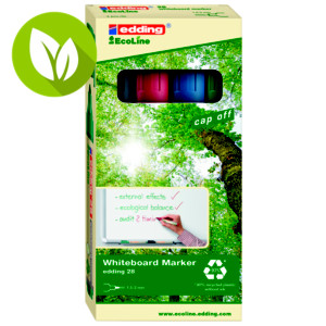 edding 28 EcoLine Rotulador de punta redonda para pizarra blanca, ancho de línea de 1,5-3 mm, colores variados: negro, azul, rojo y verde