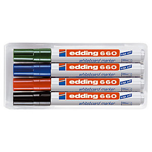 edding 660 Marqueur effaçable tableau blanc pointe ogive 1,5 - 3 mm - Pochette 4 couleurs (noir, bleu, rouge, vert)