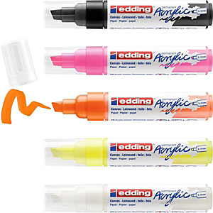 edding Acrylics e-5000 Marcador permanente de pintura acrílica, Pack de 5 marcadores ,trazo ancho de 5-10 mm, colores surtidos neón