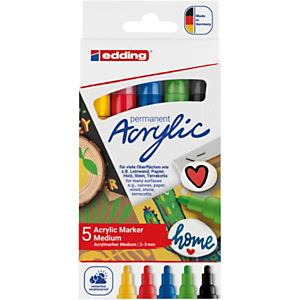 edding Acrylics e-5100 Marcador permanente de pintura acrílica, Pack de 5 marcadores ,trazo medio de 2-3 mm, colores surtidos básicos