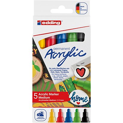 edding Acrylics e-5100 Marcador permanente de pintura acrílica, Pack de 5 marcadores ,trazo medio de 2-3 mm, colores surtidos básicos - 1