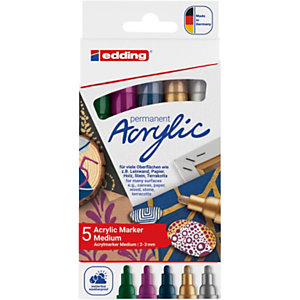 edding Acrylics e-5100 Marcador permanente de pintura acrílica, Pack de 5 marcadores ,trazo medio de 2-3 mm, colores surtidos festivo