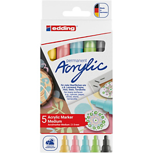edding Acrylics e-5100 Marcador permanente de pintura acrílica, Pack de 5 marcadores ,trazo medio de 2-3 mm, colores surtidos pastel