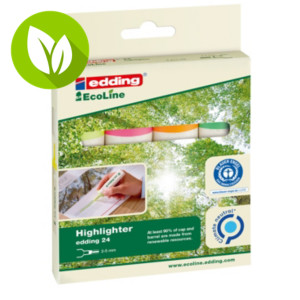 edding ecoline 24 Marcador fluorescente, punta biselada, mínimo del 90% del cuerpo y del capuchón de materias primas renovables, 2-5 mm, 4 colores surtidos edding ecoline 24 Marcador fluorescente, punta biselada, mínimo del 90% del cuerpo y del capuchón de materias primas renovables, 2-5 mm, 4 colores surtidos