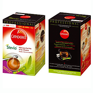 Edulcorant en poudre Stevia Canderel, boîte distributrice de 250 sticks Edulcorant en poudre Stevia Canderel, boîte distributrice de 250 sticks