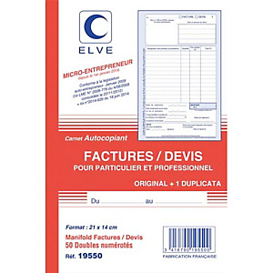 ELVE Manifold entrepreneur autocopiant factures / Devis format 210x140mm. 50 feuillets dupli