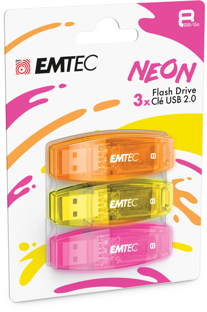 EMTEC C410 Néon - Clé USB 2.0 - 8 Go - Pack de 3 - Coloris assortis