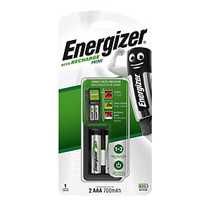 Energizer Mini Charger Caricabatterie, Include 2 batterie AAA, 2 terminali singoli di ricarica AA/AAA, Ricarica durante la notte, NiMH