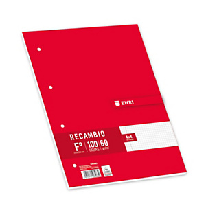 ENRI Recambio de hojas, Folio, 4 taladros para archivador, cuadriculado, 100 hojas ENRI Recambio de hojas, Folio, 4 taladros para archivador, cuadriculado, 100 hojas
