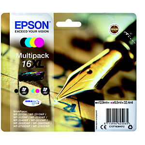 Epson 16 XL "Stylo à plume" Cartouche d'encre originale grande capacité DURABrite Ultra - Pack de 4 (Noir, Cyan, Magenta, Jaune) Epson 16 XL "Stylo à plume" Cartouche d'encre originale grande capacité DURABrite Ultra - Pack de 4 (Noir, Cyan, Magenta, Jaune)