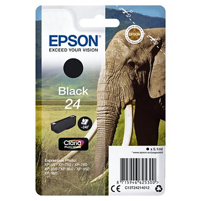 Epson 24, C13T24214012, Cartucho de Tinta, Claria Premium, Elefante, Negro