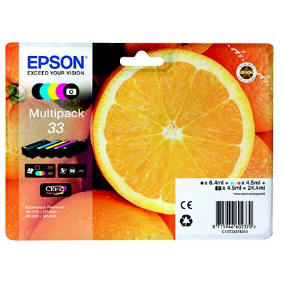 Epson 33 "Oranges" Cartouche d'encre originale Claria Premium C13T33374011 - Pack Noir + Noir Photo + Couleurs