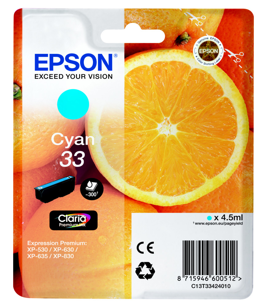 Epson 33 ''Oranges'' Cartouche d'encre originale Claria Premium C13T33424012 - Cyan
