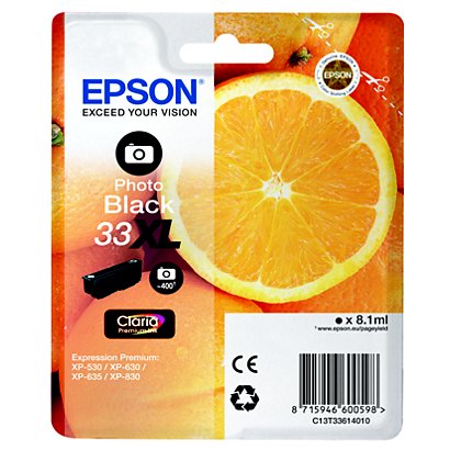 Epson 33 XL "Oranges" Cartouche d'encre originale grande capacité Claria Premium C13T33614012 - Noir Photo