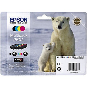 EPSON Cartouche d'encre Claria Premium 26XL Ours polaire, C13T26364010 (Multipack) Grande capacité, Noir, Cyan, Jaune, Magenta (paquet 4 unités)