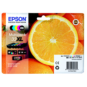 epson cartuccia inkjet serie arancia 33 xl, c13t33574010, inchiostro claria home, nero, nero fotografico, ciano, magenta, giallo, multipack alta capac