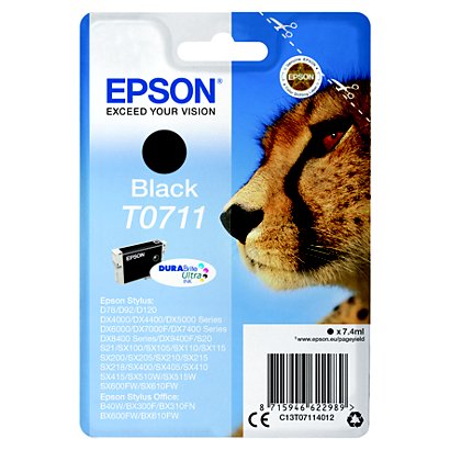 EPSON Cartuccia inkjet T0711 Serie Ghepardo, C13T07114012, Inchiostro DURABrite Ultra, Nero, Pacco singolo