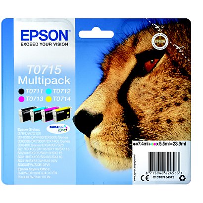 EPSON Cartuccia inkjet T0715 Serie Ghepardo, C13T07154012,  Inchiostro DURABrite™ Ultra, Nero + Colori, Multipack - 1