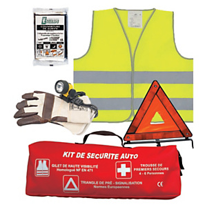 ESCULAPE Kit de sécurité auto Esculape (triangle de pré-signalisation + gilet de signalisation + couverture de survie + gants + lampe frontale), Esculape