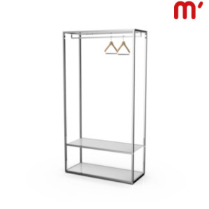 Espositore da terra modulare System con ripiani e barra appenderia, 94,2 x 39,2 x 177 cm, Metallo/Legno, Cromato/Bianco Lucido Espositore da terra modulare System con ripiani e barra appenderia, 94,2 x 39,2 x 177 cm, Metallo/Legno, Cromato/Bianco Lucido