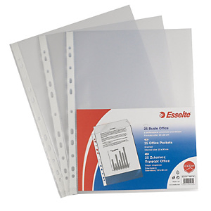 Esselte Busta a foratura universale, A4+, Polipropilene medio spessore, Goffrata, 11 fori, Trasparente (confezione 25 pezzi) Esselte Busta a foratura universale, A4+, Polipropilene medio spessore, Goffrata, 11 fori, Trasparente (confezione 25 pezzi)