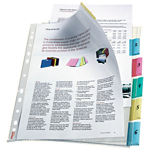 Esselte Funda perforada, A4, polipropileno de 85 micras, 11 orificios, lisa, transparente con pestañas de colores Esselte Funda perforada, A4, polipropileno de 85 micras, 11 orificios, lisa, transparente con pestañas de colores