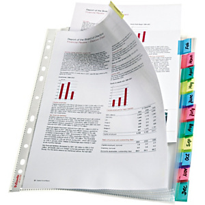 Esselte Funda perforada, A4, polipropileno de 85 micras, 11 orificios, lisa, transparente con pestañas de colores Esselte Funda perforada, A4, polipropileno de 85 micras, 11 orificios, lisa, transparente con pestañas de colores