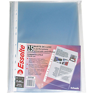 Esselte Pochette perforée lisse, A4, polypropylène 90 microns, 11 trous, transparent - Lot de 25