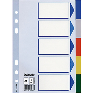 Esselte Separador en blanco, A5, polipropileno, 5 pestañas, colores surtidos Esselte Separador en blanco, A5, polipropileno, 5 pestañas, colores surtidos